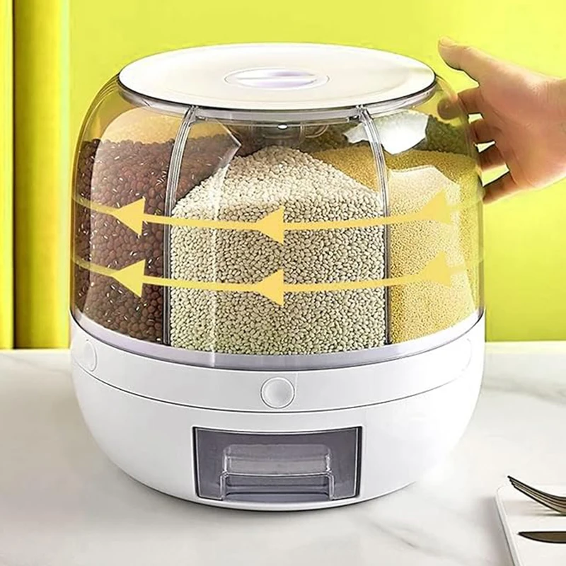 360° rotating 6-grid grain dispenser, one-touch output storage container for rice grain sealing and moisture-proof organizer - Image 3