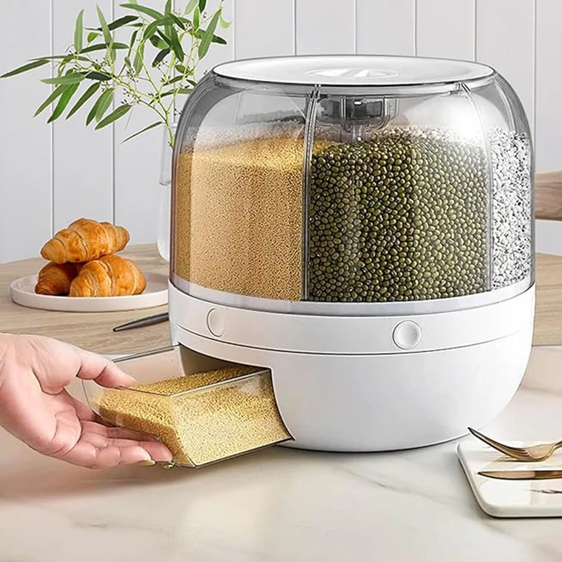 360° rotating 6-grid grain dispenser, one-touch output storage container for rice grain sealing and moisture-proof organizer - Image 2