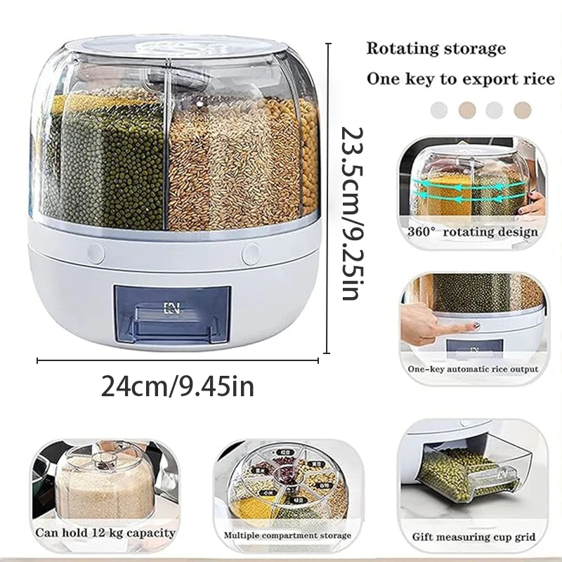 360° rotating 6-grid grain dispenser, one-touch output storage container for rice grain sealing and moisture-proof organizer - Image 4