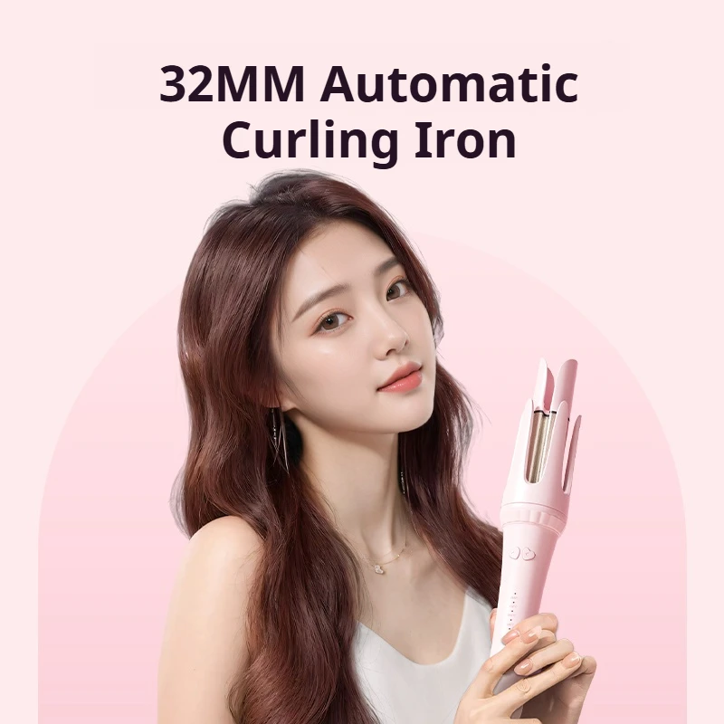 Automatic Rotating Curling Iron 32mm Negative Ions Curling Wand for Beach Waves Anti-Scald Hair Curler for Women