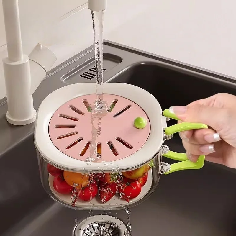 Cleaning Filtering Fruit Basket Folding Handle and Lid, Washing Fruits and Vegetables, Draining Basket, Refrigerator Fruit Box