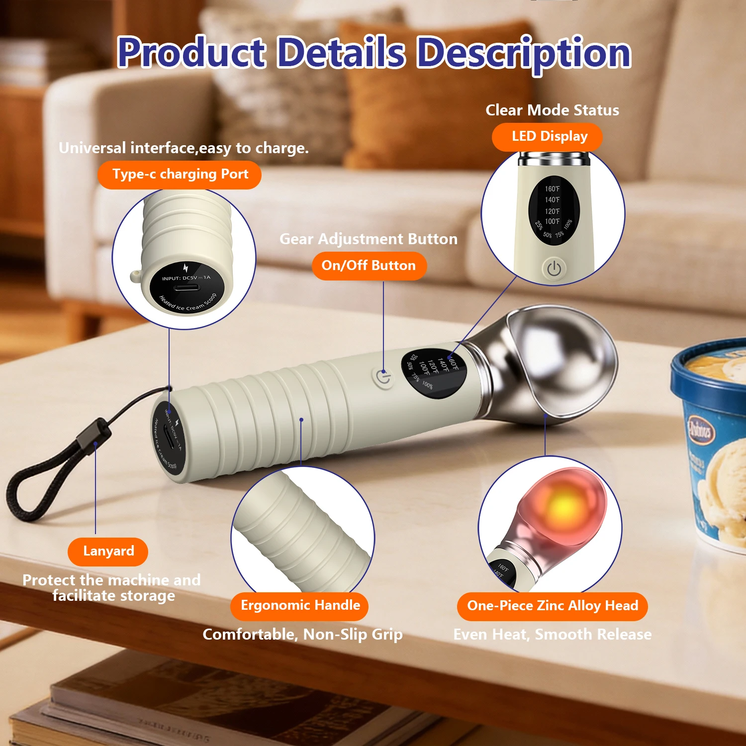 Heated Ice Cream Scoop Melting Ice Quickly Digging Balls Duty Portable USB Rechargeable Electric Ice For Hard Ice Cream Gelato - Image 3