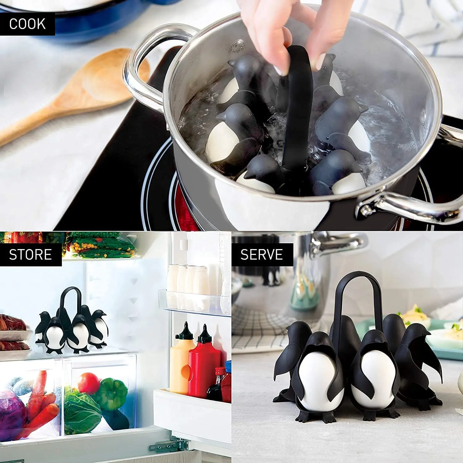 Penguin-Shaped Egg Cooker, 3-in-1 Carrier for Cooking, Storing and Serving 6 Eggs - Image 2
