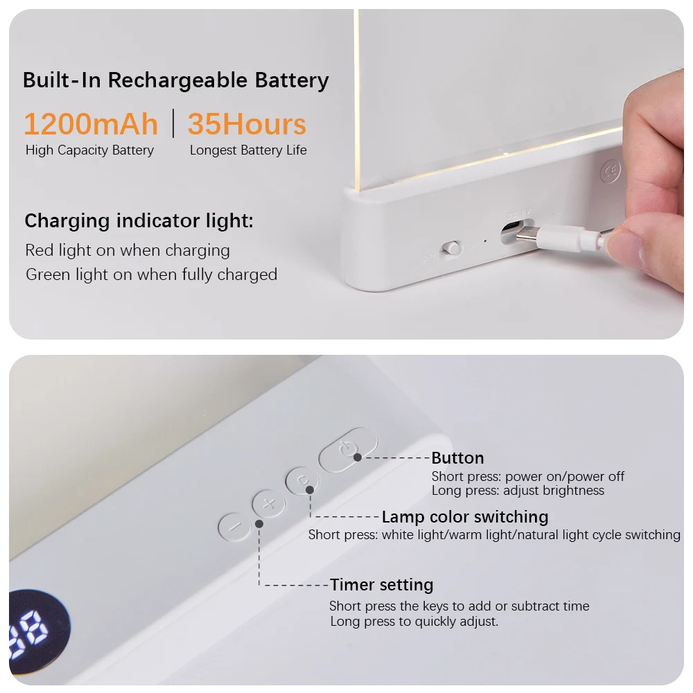 LED Book Light and Night Light 2 in 1, 3 Color Temperatures & Stepless Dimming, USB Rechargeable Reading Light with Timer for Ni - Image 3