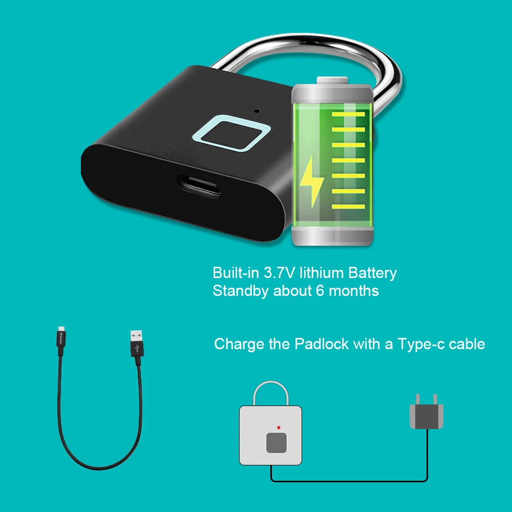KERUI Smart Fingerprint Padlock Waterproof Fingerprint Keyless Door Lock Type C Rechargeable Security Padlock for House - Image 5