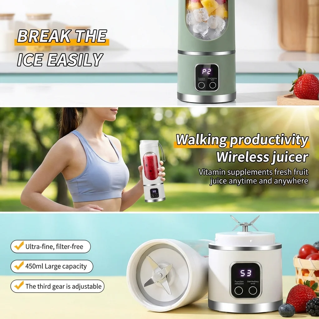 Mini Electric Juicer 450ML Large Capacity with Powerful Motor Digital Display for Crushed Ice Household Rechargeable Juice Cup - Image 2
