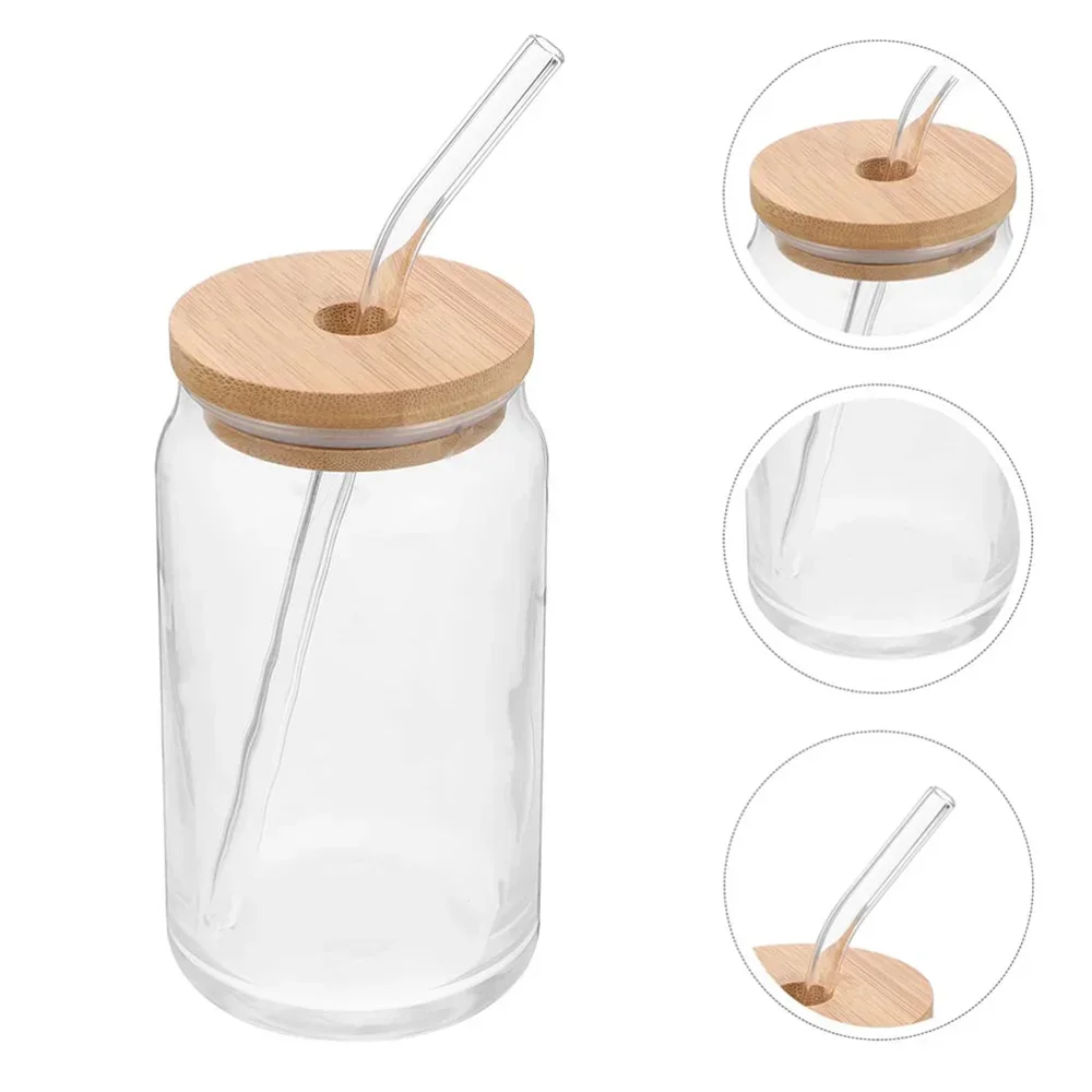 350ml/550ml Glass Cups with Bamboo Lids and Straw 1pc Mason Jars Coffee Mug Beer Can Shaped for Cocktail Whiskey Milk Juice Cola - Image 3