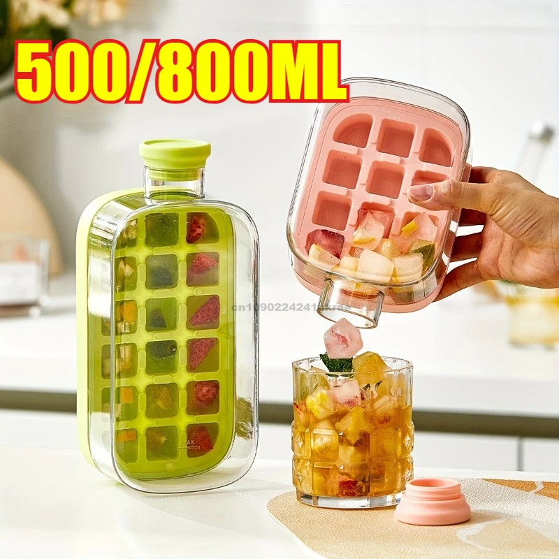 500/800ml Silicone Food-Grade Ice Cube Tray Large Capacity Water Bottle Combo with Lid Flexible Transparent Plastic Mold