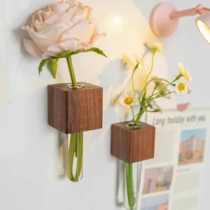 1pcs Wooden Magnetic Test Tube Vase Refrigerator Magnet DIY Flower Arrangement Simulation Flower Vase Home Kitchen Decoration