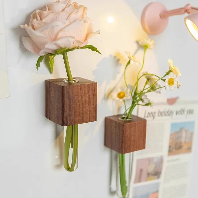 1pcs Wooden Magnetic Test Tube Vase Refrigerator Magnet DIY Flower Arrangement Simulation Flower Vase Home Kitchen Decoration
