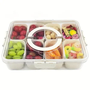 Veggie Tray with Lid and Handle, Divided Serving Tray, Snack Spinner, Portable Snackle Boxs for Candy Fruits Nuts, Clear Fridge