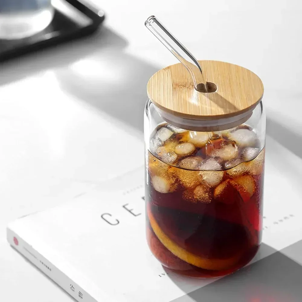 350ml/550ml Glass Cups with Bamboo Lids and Straw 1pc Mason Jars Coffee Mug Beer Can Shaped for Cocktail Whiskey Milk Juice Cola