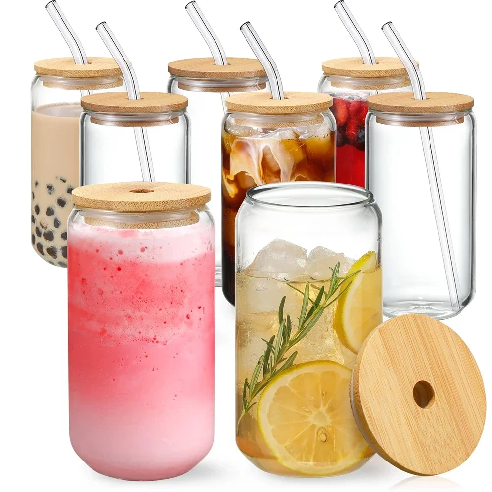 350ml/550ml Glass Cups with Bamboo Lids and Straw 1pc Mason Jars Coffee Mug Beer Can Shaped for Cocktail Whiskey Milk Juice Cola - Image 2