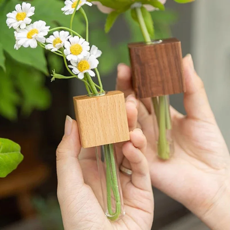 1pcs Wooden Magnetic Test Tube Vase Refrigerator Magnet DIY Flower Arrangement Simulation Flower Vase Home Kitchen Decoration - Image 2