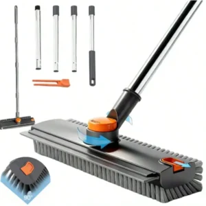 Floor Scrub Brush With Long Handle, 3 In 1 Scrape And Heavy-Duty Stiff Bristle Floor Scrubber Brush With Squeegee And Tweezer For Cleaning Tile Wall Deck Bathroom Patio Garage Kitchen