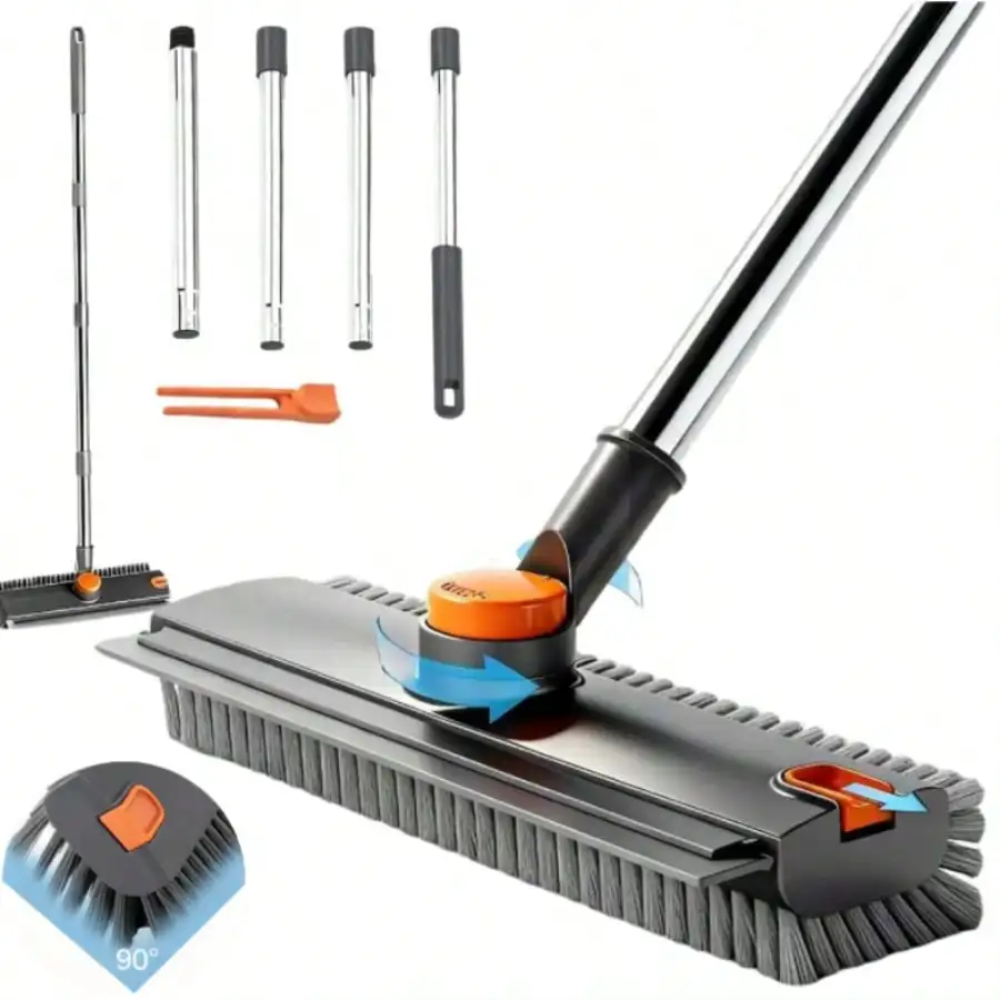 Floor Scrub Brush With Long Handle, 3 In 1 Scrape And Heavy-Duty Stiff Bristle Floor Scrubber Brush With Squeegee And Tweezer For Cleaning Tile Wall Deck Bathroom Patio Garage Kitchen