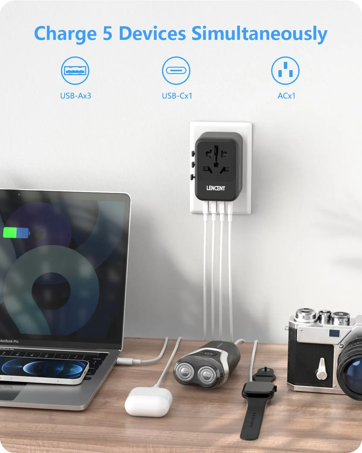 LENCENT Universal Travel Adapter with 3 USB Ports 1Type-C PD Charging All-in-one Travel Adapter EU/UK/USA/AUS Plug for Travel - Image 2