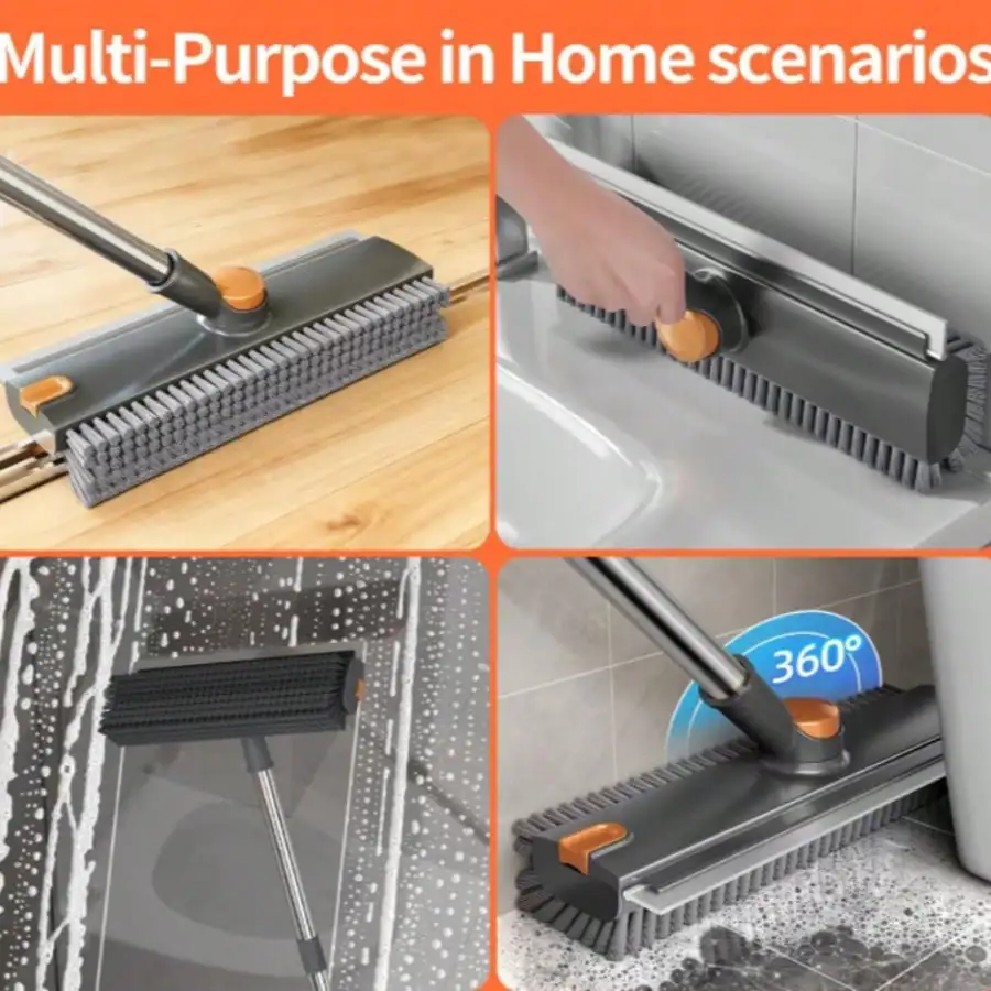Floor Scrub Brush With Long Handle, 3 In 1 Scrape And Heavy-Duty Stiff Bristle Floor Scrubber Brush With Squeegee And Tweezer For Cleaning Tile Wall Deck Bathroom Patio Garage Kitchen - Image 4