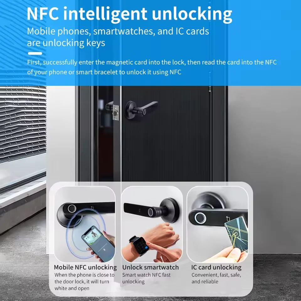 Work with Tuya App Bluetooth Smart Fingerprint Door Lock Password Mechanical Key NFC Unlocking For Wooden Door Handle Lock IP65 - Image 2