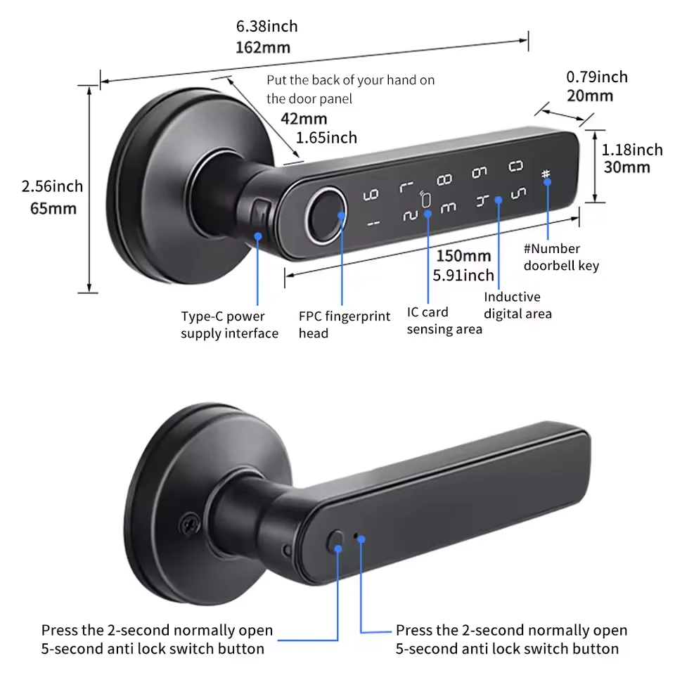 Work with Tuya App Bluetooth Smart Fingerprint Door Lock Password Mechanical Key NFC Unlocking For Wooden Door Handle Lock IP65 - Image 5